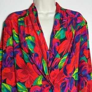 SK & Company VTG 100% Silk Floral Blouse 8 Red Purple Green 90s Office Feminine